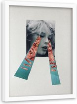 Foto in frame , Vrouw met artistieke tranen ,70x100cm , grijs blauw roze , wanddecoratie