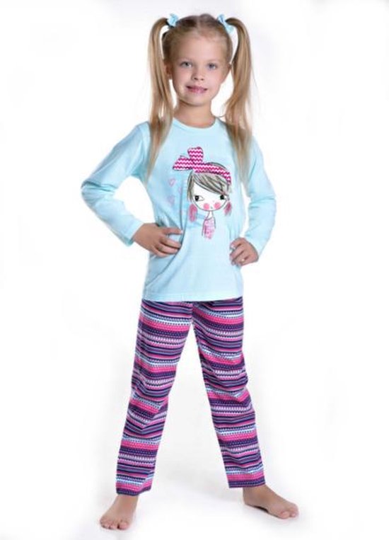 Pyjama enfant Taro Mia bleu avec pantalon imprimé et rayé - 98 | bol.com