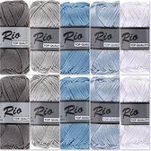 Set van 10 bollen Lammy yarns Rio katoen garen - blauw grijs kleuren - pendikte 3 a 3,5mm - 50 grams bollen