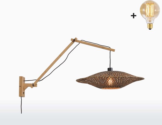 Wandlamp met Lange Arm - BALI - Beige Bamboe - Medium (60x15cm) - Met LED-lamp