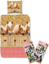 Good Morning-Dekbedovertrek 4 Horses blond - 140x220- 1persoons- meisjes , jongens dekbed, incl. Paardenstickers set