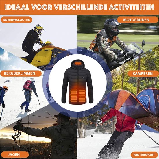 Ski Jas Verwarmd 10000 MAh Wodesid Verwarmde Jas Met Capuchon – 10.000 MAh Accu, 3 Warmtestanden, Waterdicht – Voor Motorrijden, Skiën, Outdoor Winteractiviteiten – Zwart, XXL Waterdichte Winterjas Voor Motor