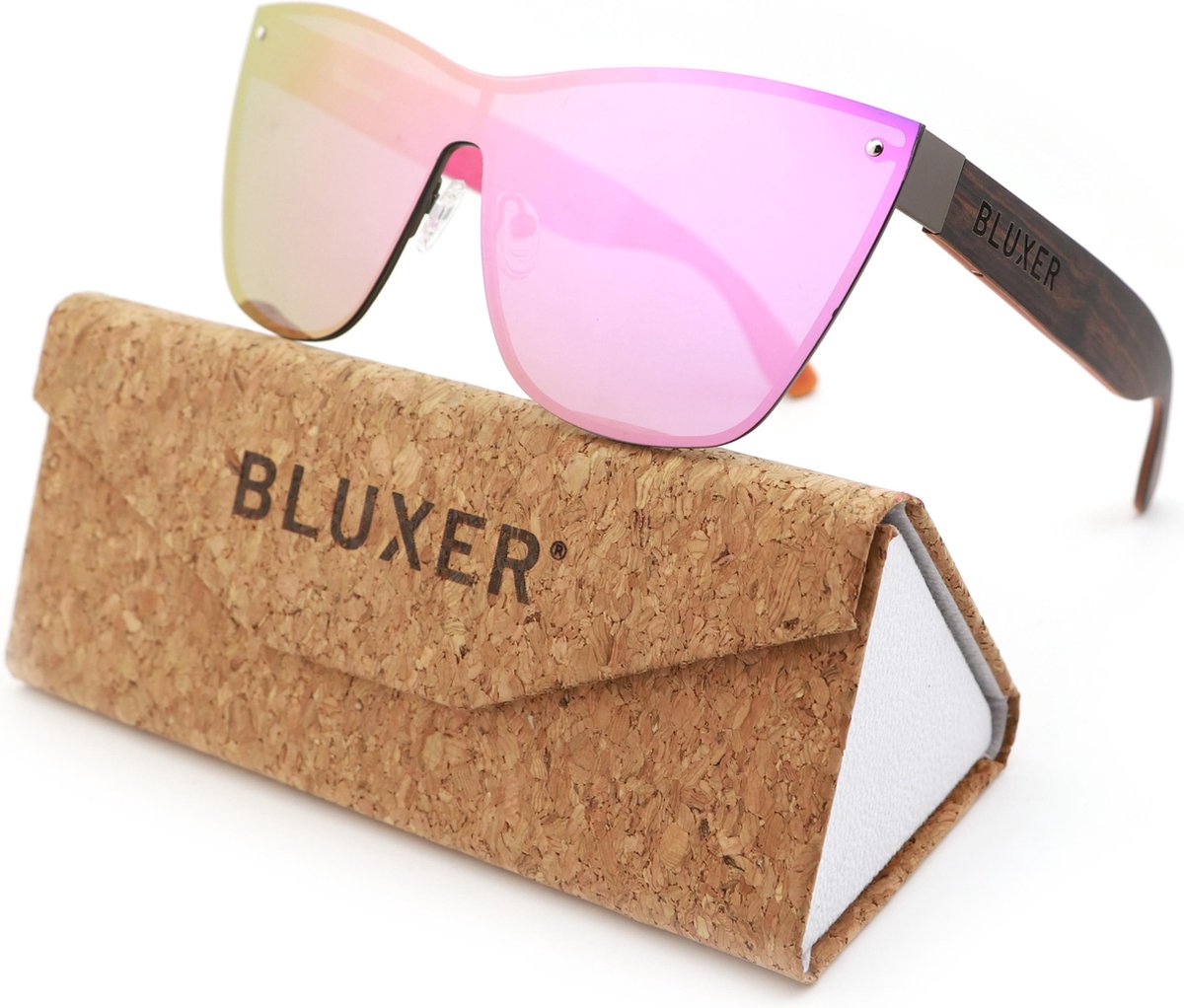 Bluxer® Zonnebril - Hippe Zonnebril Gepolariseerd - UV400 Lens - Ebony Veneer Wood - Roze Lens