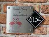 Naambordje voordeur met 2 flamingo's rvs look met huisnummer