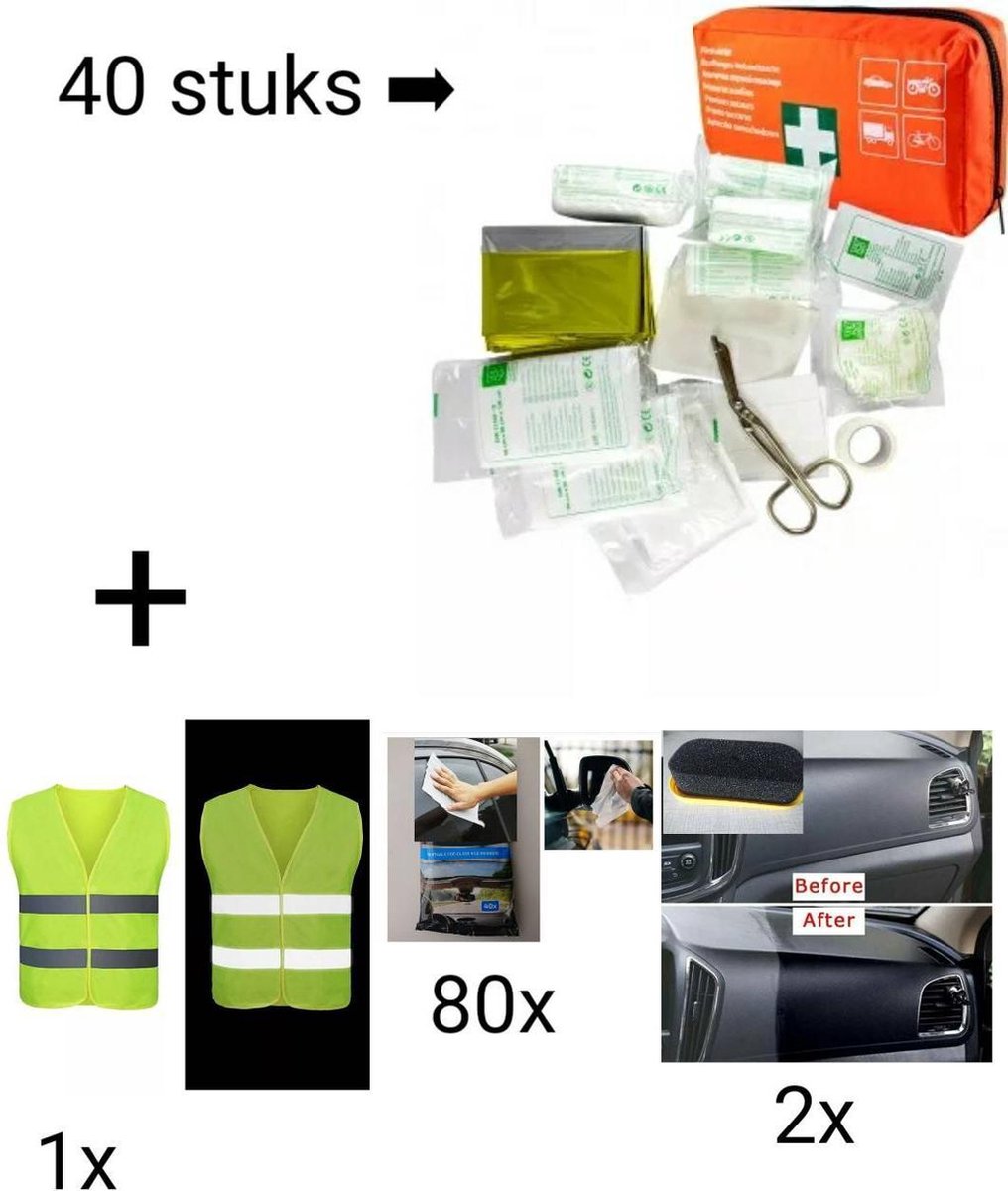 First AID Kit - veiligheid vest - Dashboard reiniger - auto doekjes - auto spiegel - natte doekjes - auto spons - dashboard polish - EHBO koffer DIN 13164 - mirror wipes