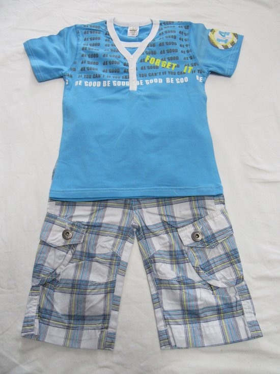 dirkje , kledingset , jongen , tshirt blauw Be good + bermuda geruit , 5 jaar  110