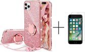 Apple iPhone 8 | iPhone 7 | iPhone SE 2020 | Back Cover Telefoonhoesje | Glitter | met Ring Houder | Roze + 1x screenprotector