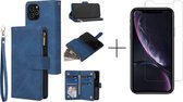 Luxe Telefoonhoesje voor Apple iPhone 12 | iPhone 12 Pro | Hoogwaardig Leren Bookcase | Luxe Uitstraling | 6 pasjes | Portemonnee | Blauw + 1x screenprotector