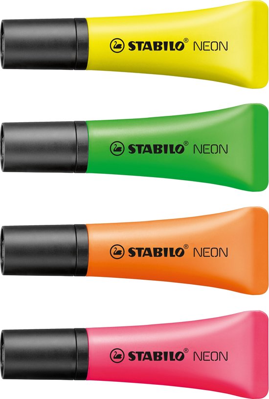 STABILO NEON - Markeerstift - Unieke Tube Vorm - Etui 4 kleuren - STABILO