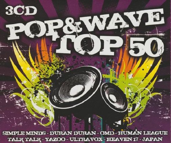 Pochette d'album 3CD Pop & Wave Top 50 avec deux haut-parleurs, des ailes et des éclaboussures de peinture.