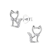 Joy|S - Zilveren kat poes oorbellen met strikje - 8 x 9 mm - zirkonia - gehodineerd