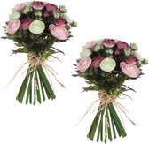 2x stuks roze/wit Ranunculus/ranonkel kunstbloemen boeket 35 cm - Kunstbloemen boeketten -  Bruidsboeketten