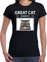 Dieren foto t-shirt grijze kat - zwart - dames - great cat moments - cadeau shirt katten liefhebber XL
