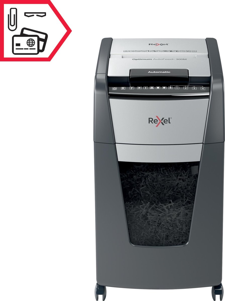 Rexel Optimum AutoFeed+ 300M Fluisterstille Papierversnipperaar - P5 Microsnippers - Automatische Invoer Tot 300 Vel - 60L - Zwart thumbnail 5