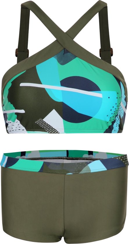 Bas de bikini hipster et crop top à large bretelle Art vert olive 164-170
