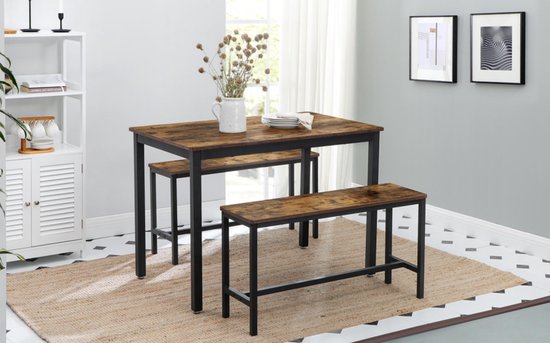 Vasagle ensemble table à manger et bancs, table de 110 x 70 x 75 cm, 2  bancs de 97 x 30 x 50 cm, cadre en acier, pour cuisine, salle à manger