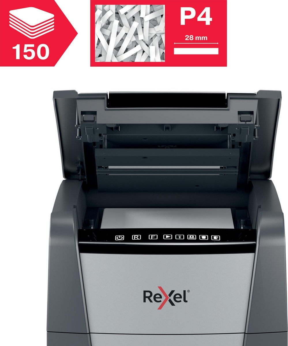 Rexel Optimum AutoFeed+ 150X Fluisterstille Papierversnipperaar - P4 Snippers - Automatische Invoer Tot 150 Vel - 44L - Zwart thumbnail 6