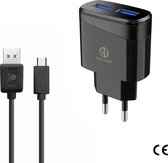 Oplader Rico Vitello, thuislader 2,4A  en kabel 1 meter zwart, USB Type-C kabel , travel charger , CE certificate