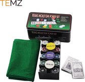 Temz Texas Hold Em Pokerset - Blackjackset - 200 Poker Fiches - Pokermat - 2x Pokerkaarten - Dealer Button - Big Blind - Small Blind Button - Pokerset Volwassenen Incl 200 Poker Chips