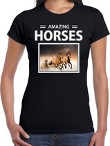 Dieren foto t-shirt bruin paard - zwart - dames - amazing horses - cadeau shirt bruine paarden liefhebber XS