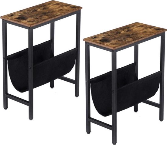 HOOBRO Smalle Bijzettafels met 2 Vakken, Set van 2, Salontafels met Oplaadstation, Nachtkastjes, Voor Kleine Ruimtes, Woonkamer, Slaapkamer, Thuiskantoor, Vintage Bruin en Zwart EBF240CBZP201