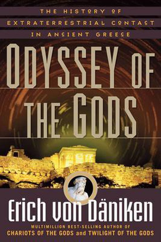 Boekcover van 'Odyssey of the Gods' met de titel, de auteur Erich von Däniken, en een afbeelding van ruïnes.