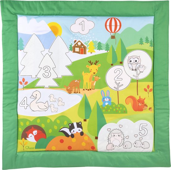 Chicco Colour Mat met bosdieren, cijfers, huisje, ballon en groene rand.