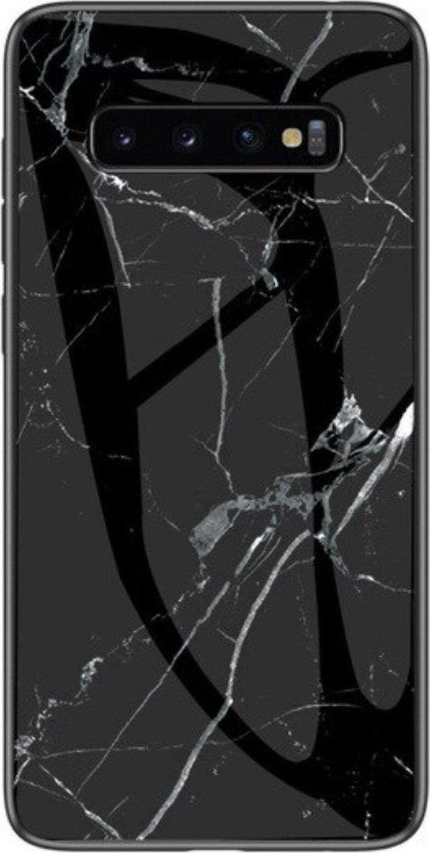 Geschikt voor Samsung Galaxy S10 Plus hoesje - Zwart / Wit - Gehard Glas Marmer