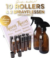 Rollerflesjes dik glas 10 ml leeg 10 stuks – Amber -Essentiële olie roller - Rollerflesje - Parfumroller - Roll-on fles - Rvs bal + 1 x Sprayflacon 250 ml + 1x Sprayflacon 500 ml +