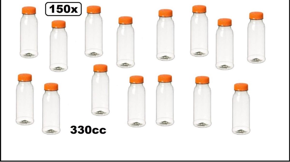 150x Flesje PET helder 330cc met oranje dop Ø 57mm x H 170mm - drink fles vruchten sap limonade drank