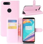 Voor OnePlus 5T Litchi Texture Horizontale Flip PU lederen tas met houder & kaartsleuven & portemonnee (roze)