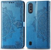 Voor Samsung Galaxy M01 Halverwege Mandala Embossing Patroon Horizontale Flip Leren Case met Houder & Kaartsleuven & Portemonnee & Lanyard (Blauw)