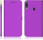 Voor Galaxy A20 / A30 geÃ¯miteerd spiegelend oppervlak horizontale flip lederen tas met houder & kaartsleuven & portemonnee & lanyard (paars)
