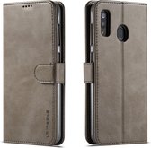 Voor Galaxy A20 / A30 LC.IMEEKE kalfsleer horizontale flip lederen tas, met houder & kaartsleuven & portemonnee (grijs)