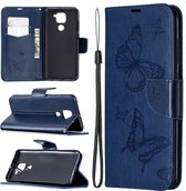 Voor Xiaomi Redmi Note 9 Twee vlinders ReliÃ«fpatroon Horizontale flip lederen tas met houder en kaartsleuf en portemonnee en draagkoord (donkerblauw)