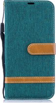 Kleurafstemming Denim Texture Leather Case voor Galaxy A50, met houder & kaartsleuven & portemonnee & lanyard (groen)