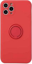Voor iphone 11 pro max effen kleur vloeibare siliconen schokbestendige volledige dekking beschermhoes met ringhouder (rood)