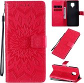 Voor Xiaomi Redmi Note 9 Pro Zonnebloempatroon met reliÃ«f Horizontaal Flip PU-lederen tas met houder en kaartsleuven en portemonnee en draagkoord (rood)