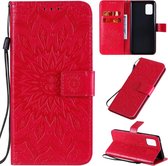 Voor Samsung Galaxy A71 5G reliÃ«f zonnebloem patroon horizontale flip pu lederen tas met houder & kaartsleuven & portemonnee & lanyard (rood)