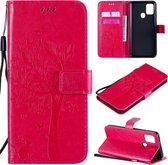 Voor Samsung Galaxy A21s Tree & Cat reliÃ«fpatroon Horizontale flip lederen tas met houder & kaartsleuven & portemonnee en lanyard (rose rood)