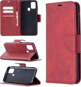 Voor Samsung Galaxy A21s Retro Lamsvacht Textuur Pure Kleur Horizontale Flip PU Leren Case met Houder & Kaartsleuven & Portemonnee & Lanyard (Rood)
