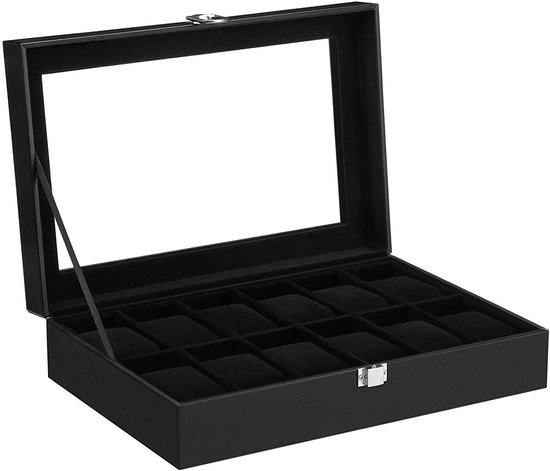 Horlogebox met 12 vakken, horlogebox met glazen deksel, metalen slot, premium horlogebox, PU-deksel in zwart, fluwelen voering in zwart - JWB12BV2