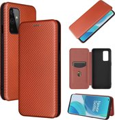 Voor OnePlus 9 Carbon Fiber Texture Magnetische Horizontale Flip TPU + PC + PU lederen hoes met kaartsleuf (bruin)