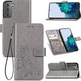 Vierbladige sluiting reliëf gesp Mobiele telefoon bescherming lederen tas met lanyard & kaartsleuf & portemonnee & beugel functie voor Samsung Galaxy S30 Plus (grijs)