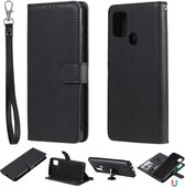 Voor Samsung Galaxy A21s 2 in 1 effen kleur afneembare PU lederen tas met kaartsleuven en magnetische houder & fotolijst & portemonnee & riem (zwart)