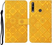 Huawei P40 lite E / Y7p etnische stijl reliëf patroon horizontale flip lederen tas met houder & kaartsleuven & portemonnee & lanyard (geel)