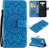 Voor LG K61 Geperst Afdrukken Zonnebloem Patroon Horizontale Flip PU Lederen Case Houder & Kaartsleuven & Portemonnee & Lanyard (Blauw)