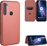 Voor Motorola Moto One Fusion Plus Koolstofvezel Textuur Magnetische Horizontale Flip TPU + PC + PU lederen hoes met touw & kaartsleuf (bruin)