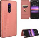 Voor Sony Xperia 1 Carbon Fiber Texture Magnetische Horizontale Flip TPU + PC + PU Leather Case met Card Slot (Brown)