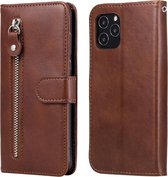 Voor iPhone 12 Pro Mode Kalfsstructuur Rits Horizontale Flip Leren Case met Standaard & Kaartsleuven & Portemonnee-functie (Bruin)